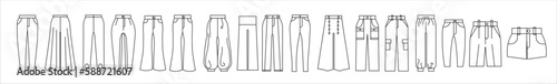 Set of silhouettes of different types of pants/trousers and shorts.