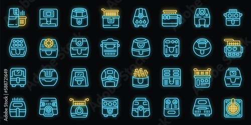 Air fryer icons set outline vector. Fry bakery. Cook food neon color on black