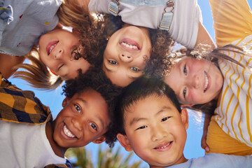 Friends, smile and below portrait of children outdoors for summer holiday, weekend and playing games together. Childhood, friendship and group of kids in circle for diversity, community and support