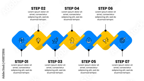 Infographic template. A line with 7 connected squares