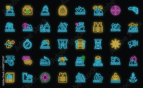 Shipwreck icons set outline vector. Island desert. Sea boat neon color on black