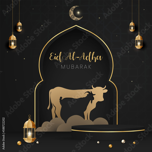 Happy Eid Al Adha Mubarak celebration banner with cow and goat paper cut effect on night color background