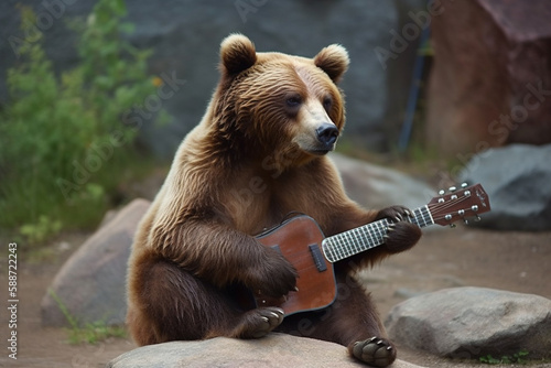 Funny bear playing guitar. Wild animal playing musical instrument. Music performance and animals concept. Ai generated photo