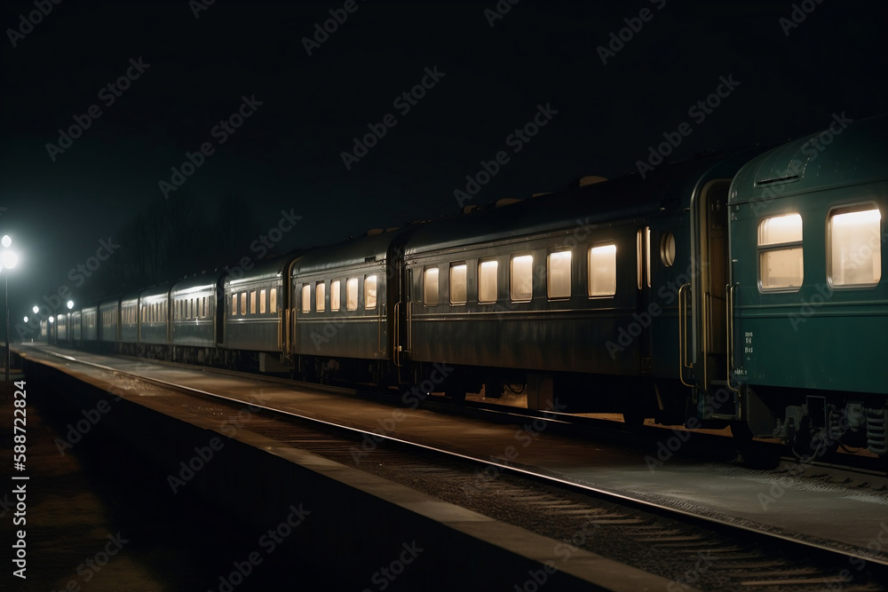 Fototapeta premium passenger train at night. AI Generated