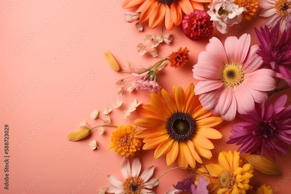 flower on background copy space flat lay mock up, top view flower on background copy space flat lay mock up, top view