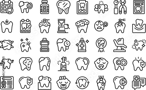 Pediatric dentistry icons set outline vector. Implant teeth. Medical care