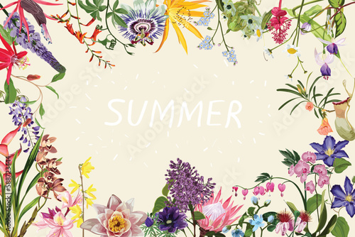 Spring summer sale banner with exotic flowers on a beige background. Vector illustration. Banner perfect for promotions, magazines, advertising, web sites.