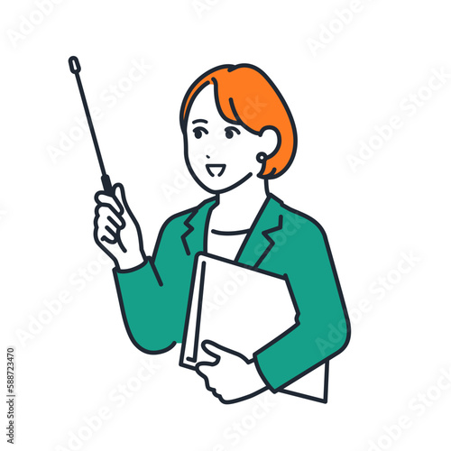 指示棒を持って説明する若いビジネスウーマンのシンプルなベクターイラスト素材