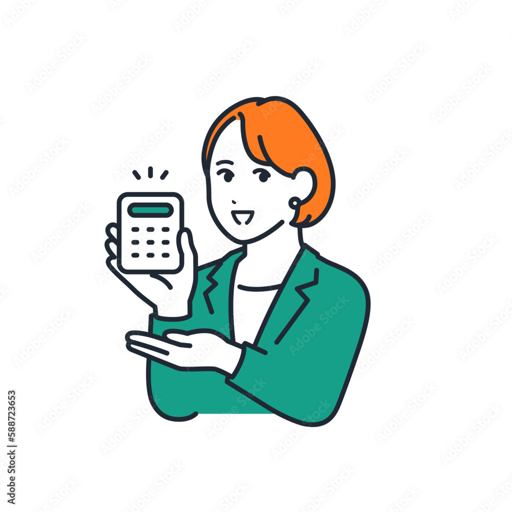電卓で見積り金額を提示する若いビジネスウーマンのシンプルなベクターイラスト素材