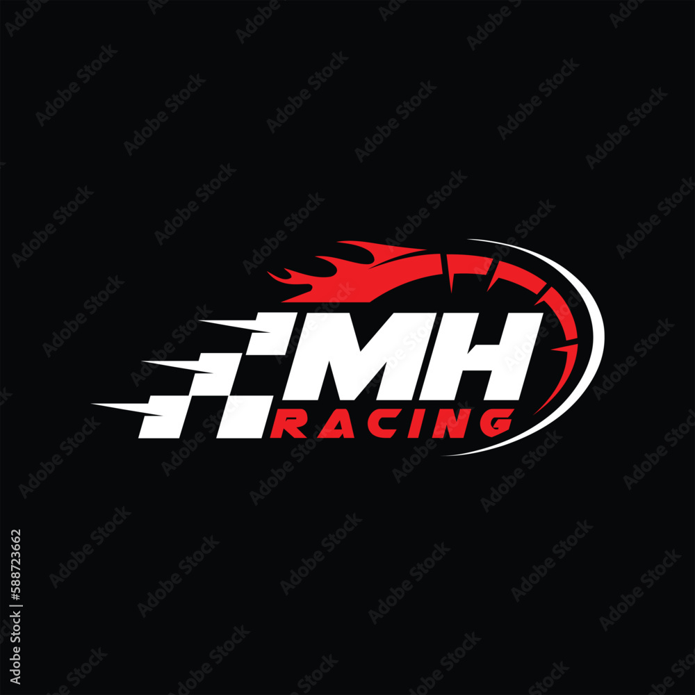 MH initial letter with speed meter logo design, Racing speed logo letter, speedometer, speed meter logo, car racing with flag logo design vector