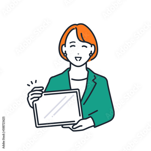 タブレット端末を持って説明する若いビジネスウーマンのシンプルなベクターイラスト素材