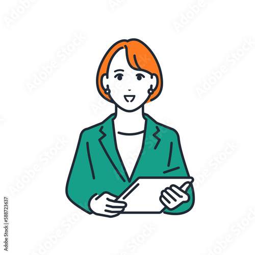 タブレット端末を持って説明するスーツを着た若い女性のシンプルなベクターイラスト素材