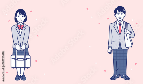 桜の下で正面を見る男女の学生のシンプルなベクターイラスト素材