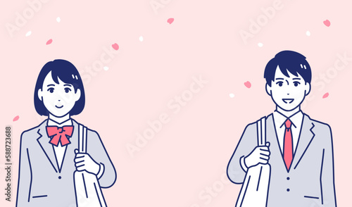 桜の下で正面を見る男女の学生のシンプルなベクターイラスト素材
