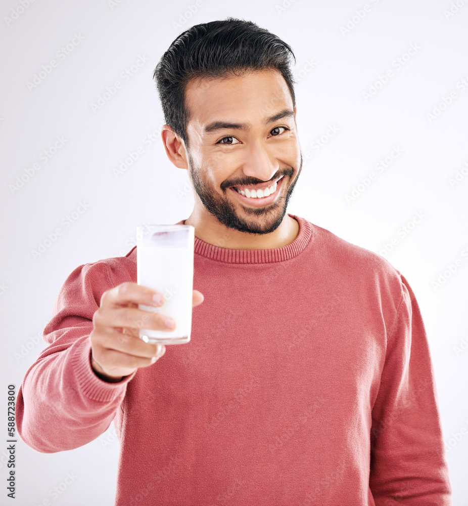 Milk, man and portrait with happiness in a studio with calcium, healthy and nutrition drink. Isolated, white background and male model with a smile feeling happy from weight loss and detox smoothie Milk, man and portrait with happiness in a studio with calcium, healthy and nutrition drink. Isolated, white background and male model with a smile feeling happy from weight loss and detox smoothie