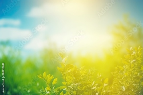 fresh spring blue sunny sky background with blurred warm sunny glow - Generative AI