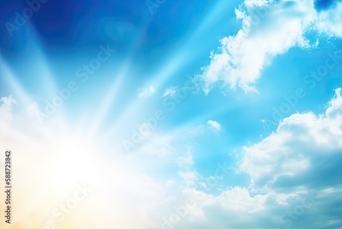 fresh spring blue sunny sky background with blurred warm sunny glow - Generative AI © Hanjin