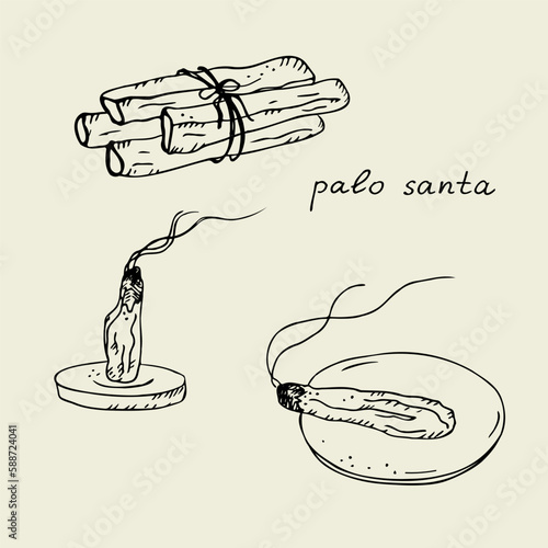 Aroma sticks of the sacred tree Palo Santo from Latin America. A bunch of incense and a burning stick for fumigation and aromatherapy. Mystical symbol for spiritual practice. Vector illustration 