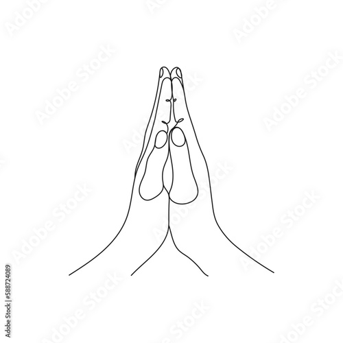 Hand gesture. Praying, gratitude position. One line art. Hand drawn vector illustration.