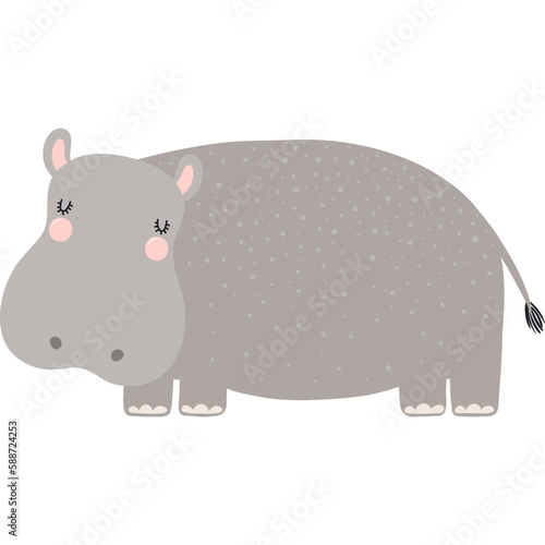 Cute funny hippo cartoon character illustration. Hand drawn Scandinavian style flat design, isolated vector. Tropical animal, jungle wildlife, safari, nature, kids print element