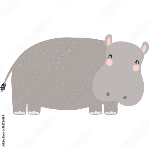 Cute funny hippo cartoon character illustration. Hand drawn Scandinavian style flat design, isolated vector. Tropical animal, jungle wildlife, safari, nature, kids print element