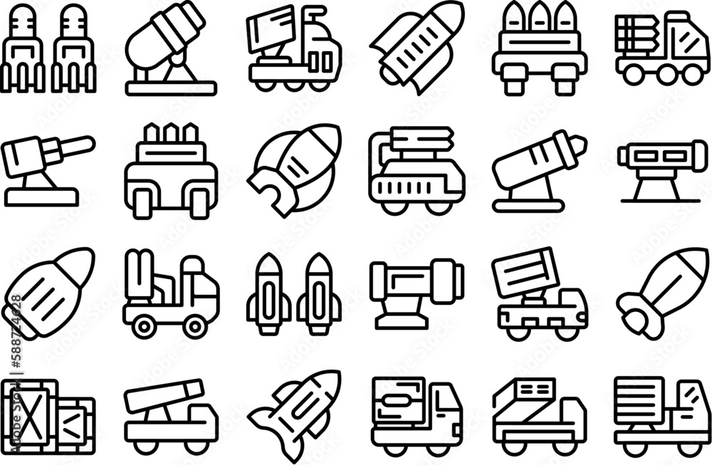 Anti-aircraft missile system icons set outline vector. Gun mortar. Vehicle war Anti-aircraft missile system icons set outline vector. Gun mortar. Vehicle war