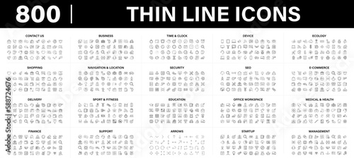 Mega collection of 800 thin line web vector icons. Contains such Icons as Contact us, Business, Time, Navigation, SEO, Delivery, Finance, Medicine, Arrows, Shopping, Security and more. Editable Stroke