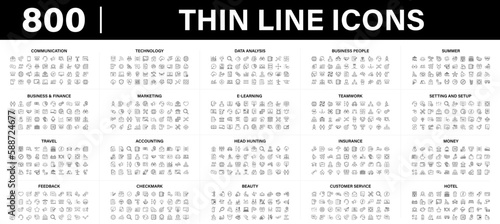 Mega collection of 800 thin line web vector icons. Contains such Icons as Business, Technology, Beauty, Travel, Summer, E-learning, Settings, Insurance, Marketing, Insurance and more. Editable Stroke