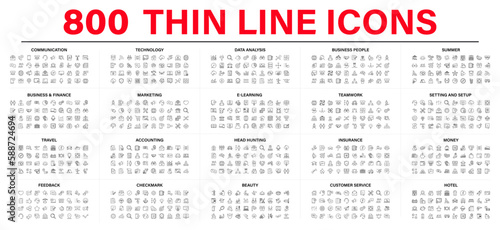 Mega collection of 800 thin line web vector icons. Contains such Icons as Business, Technology, Beauty, Travel, Summer, E-learning, Settings, Insurance, Marketing, Insurance and more. Editable Stroke