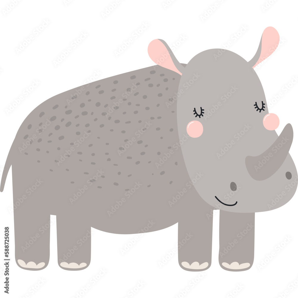 Obraz premium Cute funny rhino cartoon character illustration. Hand drawn Scandinavian style flat design, isolated vector. Tropical animal, jungle wildlife, safari, nature, kids print element