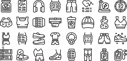 Running accessories icons set outline vector. Wrist pedometer. Walk fit