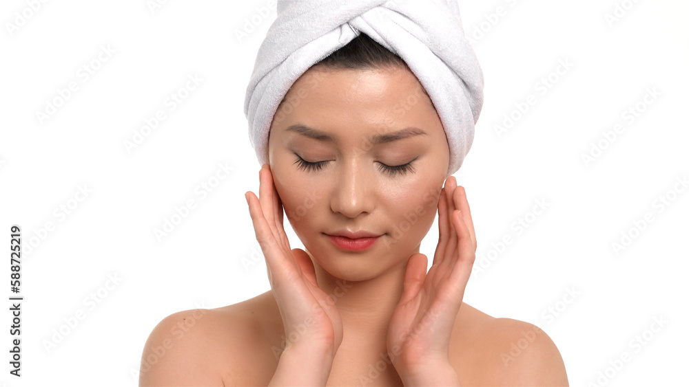 Beauty asian woman with towel on head brushing eyes face healthy pure skin natural make up fresh beauty model young spa beautiful female. Isolated white background. Concept of wellness and beauty Beauty asian woman with towel on head brushing eyes face healthy pure skin natural make up fresh beauty model young spa beautiful female. Isolated white background. Concept of wellness and beauty