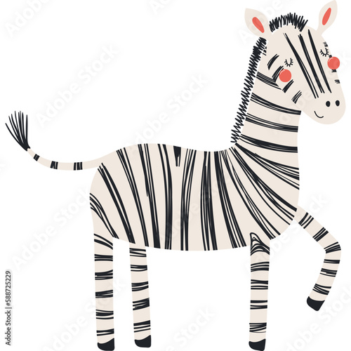 Cute funny zebra with one leg up cartoon character illustration. Hand drawn Scandinavian style flat design, isolated vector. Tropical animal, jungle wildlife, safari, nature, kids print element © Maria Skrigan
