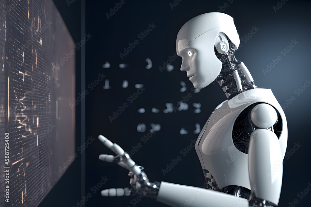 Naklejka premium A roboter standing in a thinking pose in a room with a display that showing blue data,. generative ai