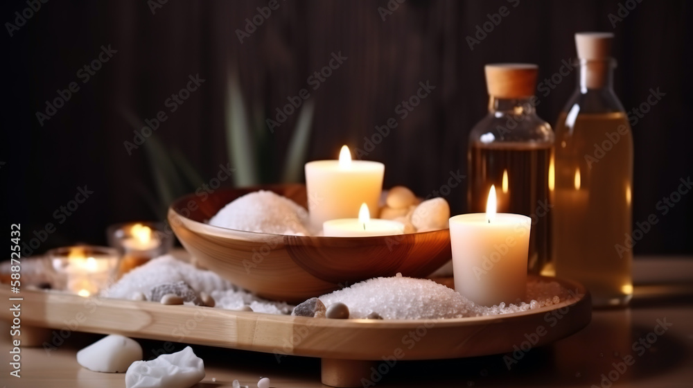 spa composition on massage table , candle and salt , generative ai spa composition on massage table , candle and salt , generative ai