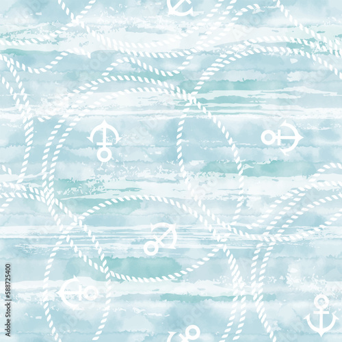 Seamless pattern with marine ropes and anchors on blue watercolor background. Vector. Perfect for wallpaper, wrapping, fabric and textile.