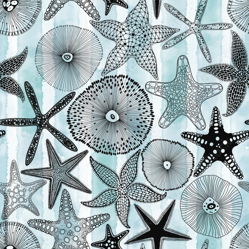 Sea creatures on a blue watercolor background. Art sea background. Seamless vector pattern. Perfect for design templates, wallpaper, wrapping, fabric and textile.