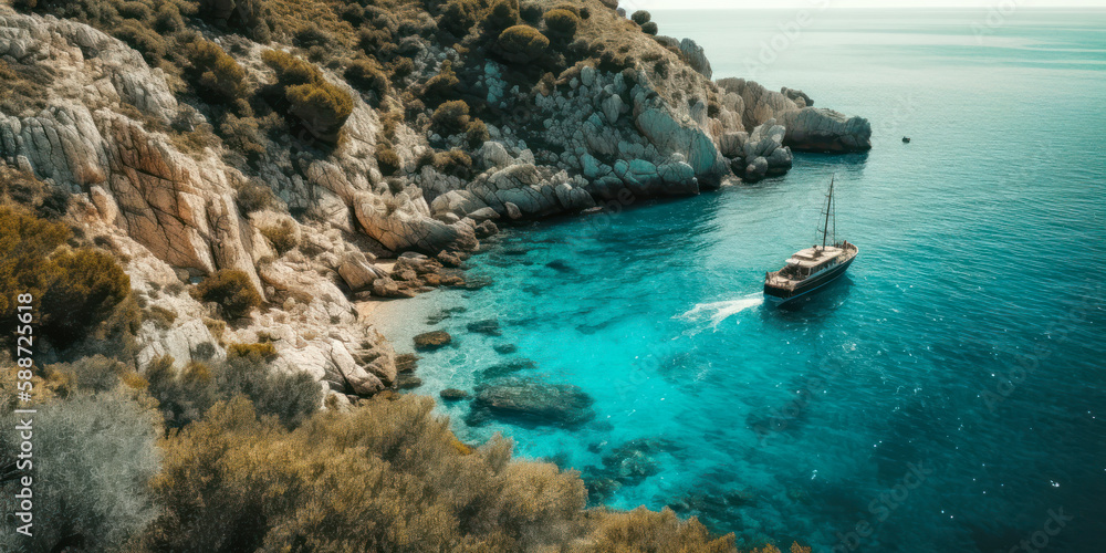 Coastal Mediterranean Paradise: Aerial View of Boat on Crystal Clear Waters. Generative AI