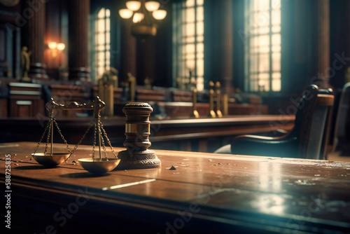 The sound of the judge's gavel reverberates through the courtroom as the scales of justice weigh evidence against a backdrop of futuristic technology