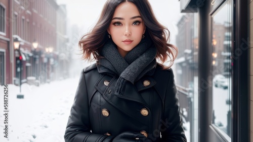 Girl in winter clothes in the snow with city in the background. Generative AI © Fernando
