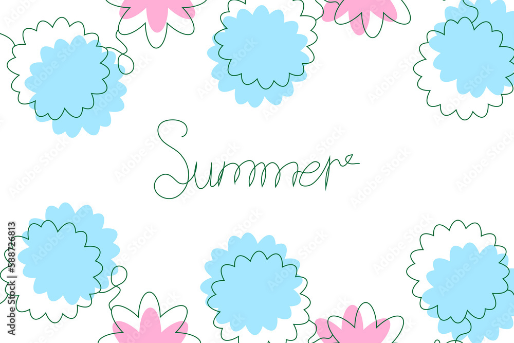 Banner with one line drawing summer flowers. Summer script font and flower isolated on white background. Summer flat vector illustration. Banner with one line drawing summer flowers. Summer script font and flower isolated on white background. Summer flat vector illustration.