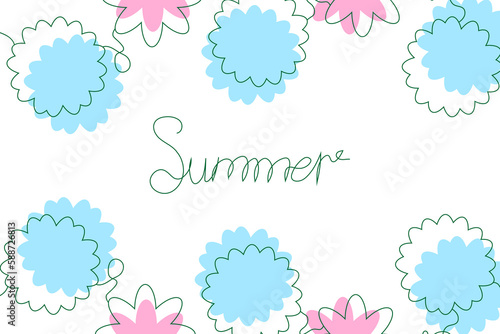 Banner with one line drawing summer flowers. Summer script font and flower isolated on white background. Summer flat vector illustration. 