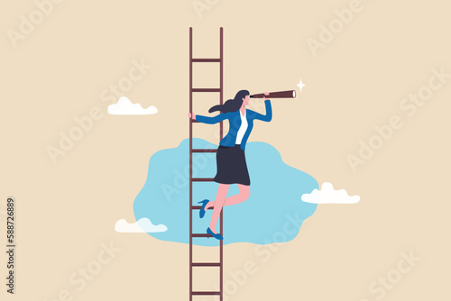 Career opportunity, business success vision or searching for new job, leadership visionary, looking for goal, future or business discovery concept, businesswoman climb up ladder looking on telescope.