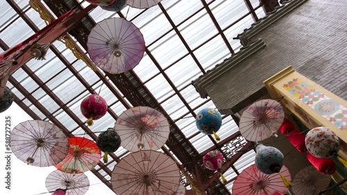 Frog eye shot decorate umbrella in old Shanghai, sedayu city, Jakarta, Indonesia photo