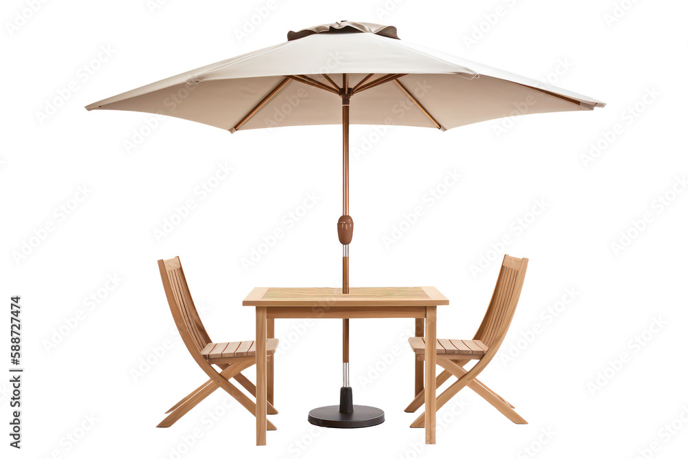 Cafe table with chair and parasol umbrella isolated on white background. Generative AI. - obrazy, fototapety, plakaty 