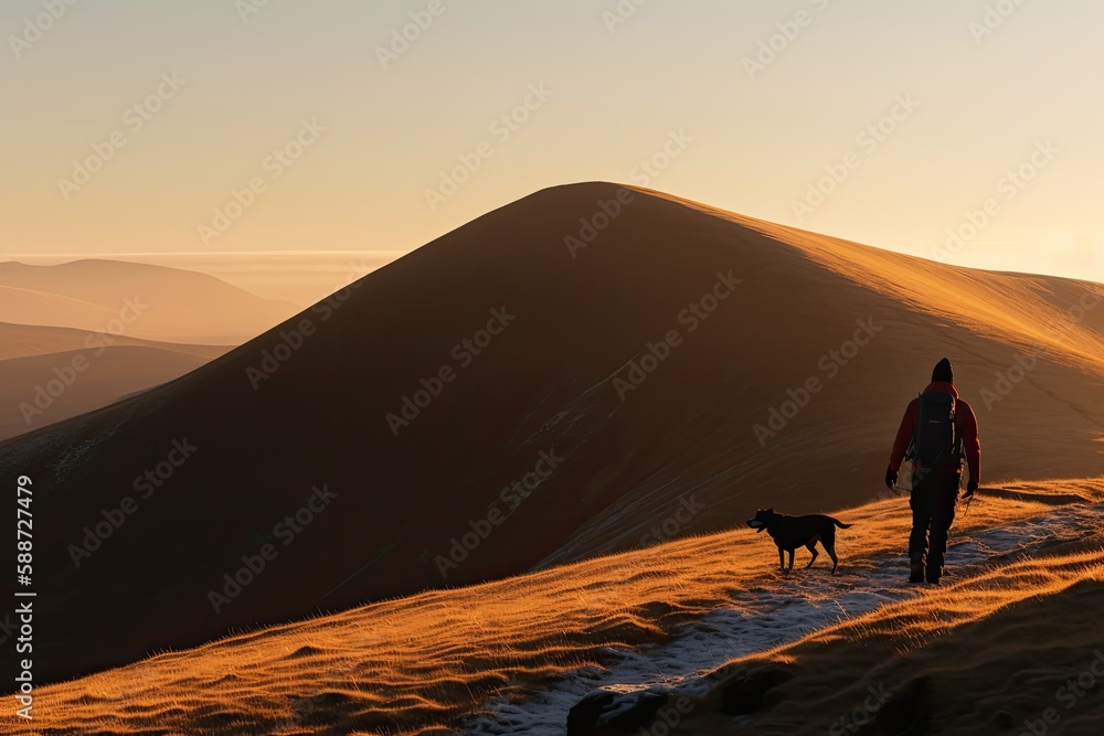 hiker and his her dog walking towards the mountain summit at sunrise, beautiful smooth sky colors - Generative AI
