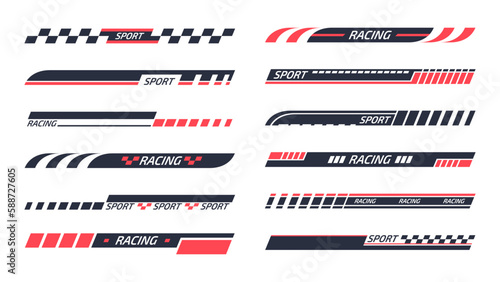 Tuning racing sport stripes. Sports racing decals, sports car, motorbike and boat stickers, striped vehicle tuning bars flat vector illustration set