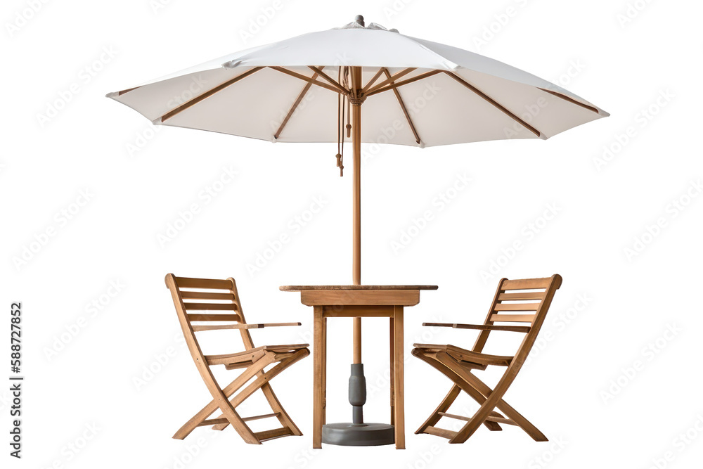 Cafe table with chair and parasol umbrella isolated on white background. Generative AI. Cafe table with chair and parasol umbrella isolated on white background. Generative AI.