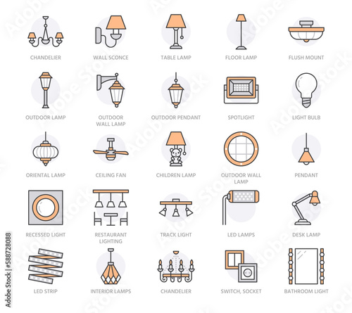 Light fixture, lamp flat line icons. Home, outdoor lighting equipment - chandelier, wall sconce, light bulb, power socket. Vector illustration, signs for electric store. Orange color. Editable Stroke