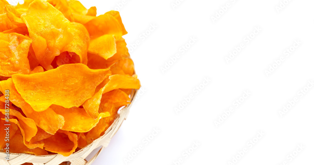 Sweet potato chips on white background. Sweet potato chips on white background.
